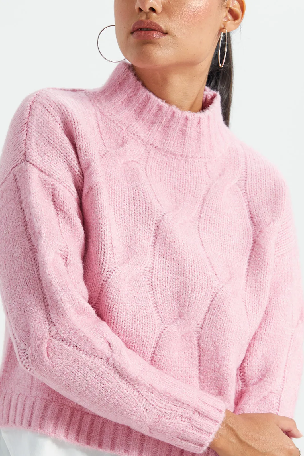 Women Pink And White High Neck Top