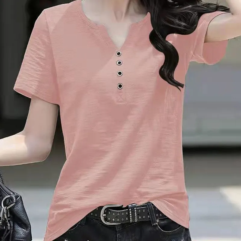 Women's Blouse Clothing V-neck Button T-shirt Spring Summer Loose Large White Short Sleeve Solid Elegant Casual Tops - WSB8527