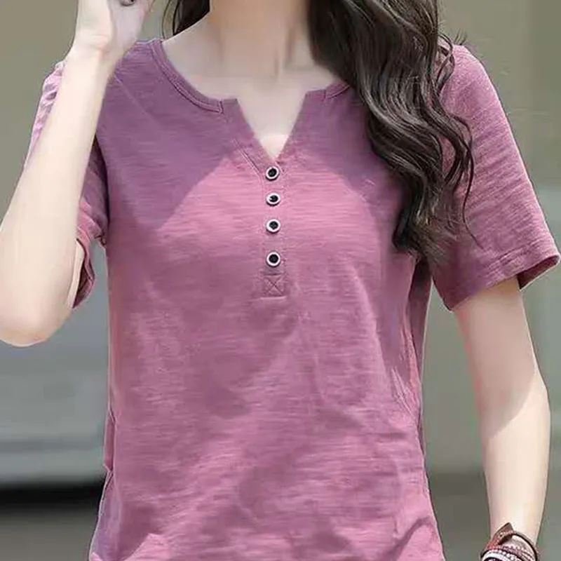 Women's Blouse Clothing V-neck Button T-shirt Spring Summer Loose Large White Short Sleeve Solid Elegant Casual Tops - WSB8527