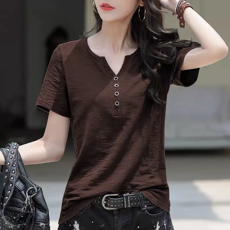 Women's Blouse Clothing V-neck Button T-shirt Spring Summer Loose Large White Short Sleeve Solid Elegant Casual Tops - WSB8527