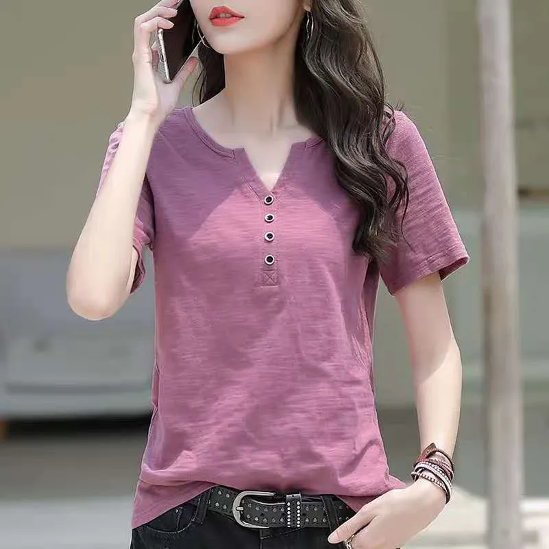 Women's Blouse Clothing V-neck Button T-shirt Spring Summer Loose Large White Short Sleeve Solid Elegant Casual Tops - WSB8527