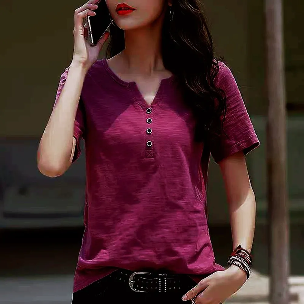 Women's Blouse Clothing V-neck Button T-shirt Spring Summer Loose Large White Short Sleeve Solid Elegant Casual Tops - WSB8527