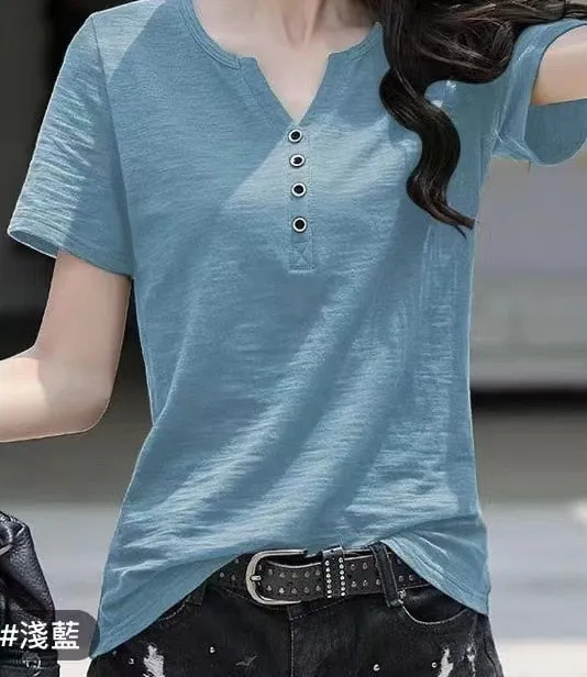 Women's Blouse Clothing V-neck Button T-shirt Spring Summer Loose Large White Short Sleeve Solid Elegant Casual Tops - WSB8527