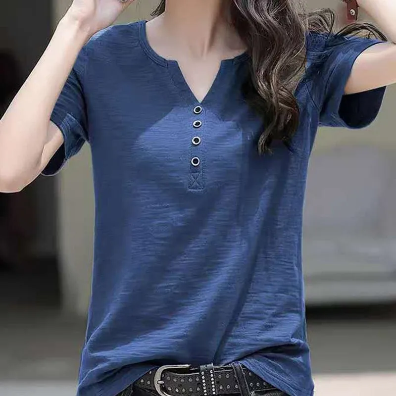 Women's Blouse Clothing V-neck Button T-shirt Spring Summer Loose Large White Short Sleeve Solid Elegant Casual Tops - WSB8527