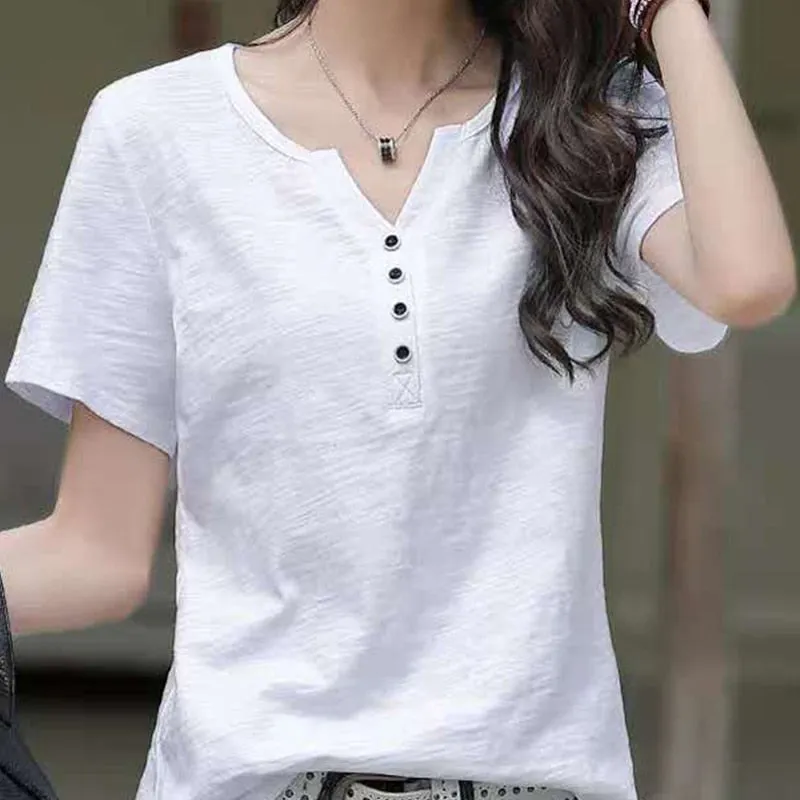 Women's Blouse Clothing V-neck Button T-shirt Spring Summer Loose Large White Short Sleeve Solid Elegant Casual Tops - WSB8527