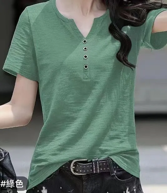 Women's Blouse Clothing V-neck Button T-shirt Spring Summer Loose Large White Short Sleeve Solid Elegant Casual Tops - WSB8527