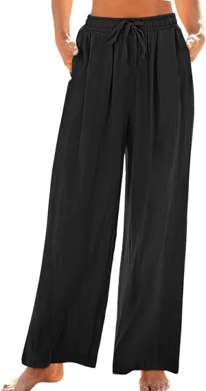 Women's Linen Pants with Pockets Summer 2025 Wide Leg High Waisted Trousers Breathable Lightweight Casual Pants