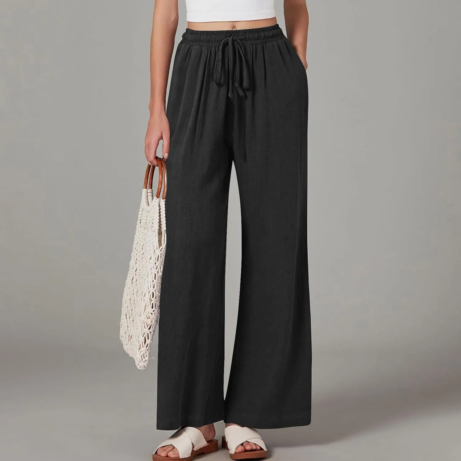 Women's Linen Pants with Pockets Summer 2025 Wide Leg High Waisted Trousers Breathable Lightweight Casual Pants