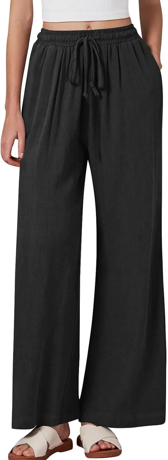 Women's Linen Pants with Pockets Summer 2025 Wide Leg High Waisted Trousers Breathable Lightweight Casual Pants