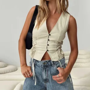 Women's Summer Slim Tank Tops Solid Color Front Button Vest Side Cross Tie-Up Tank Y2k Top