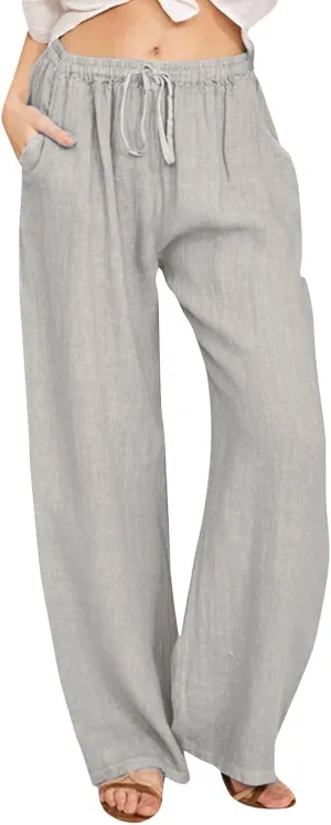 Womens Wide Leg Linen Pants Beach Casual High Waisted Palazzo Pant Comfy Ruched Trouser with Pocket