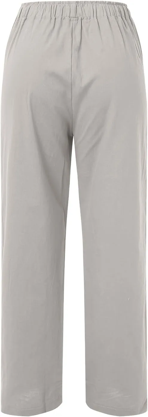 Womens Wide Leg Linen Pants Beach Casual High Waisted Palazzo Pant Comfy Ruched Trouser with Pocket
