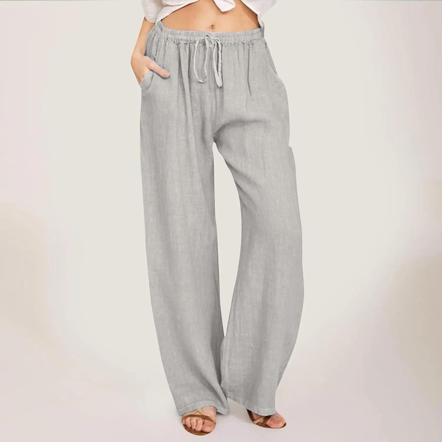 Womens Wide Leg Linen Pants Beach Casual High Waisted Palazzo Pant Comfy Ruched Trouser with Pocket