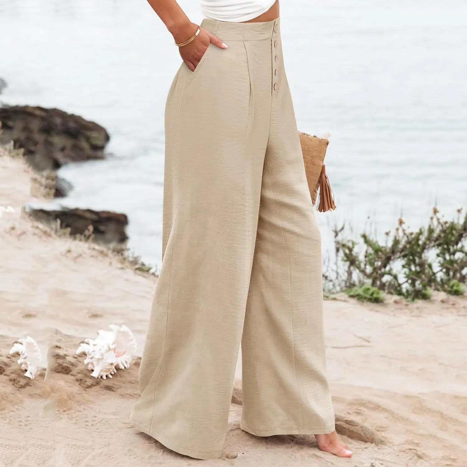 Womens Wide Leg Pants Dressy Casual Elastic High Waisted Palazzo Pants Lightweight Summer Cotton Linen Pants w/Pockets