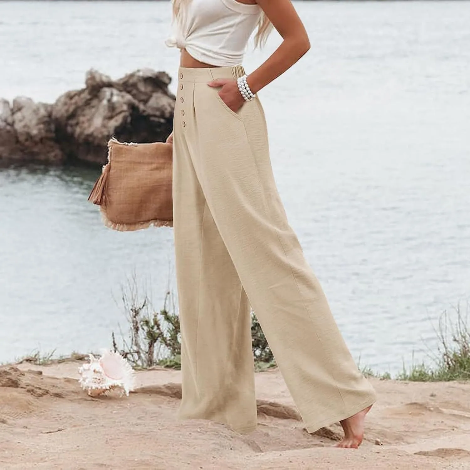 Womens Wide Leg Pants Dressy Casual Elastic High Waisted Palazzo Pants Lightweight Summer Cotton Linen Pants w/Pockets