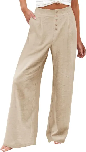 Womens Wide Leg Pants Dressy Casual Elastic High Waisted Palazzo Pants Lightweight Summer Cotton Linen Pants w/Pockets