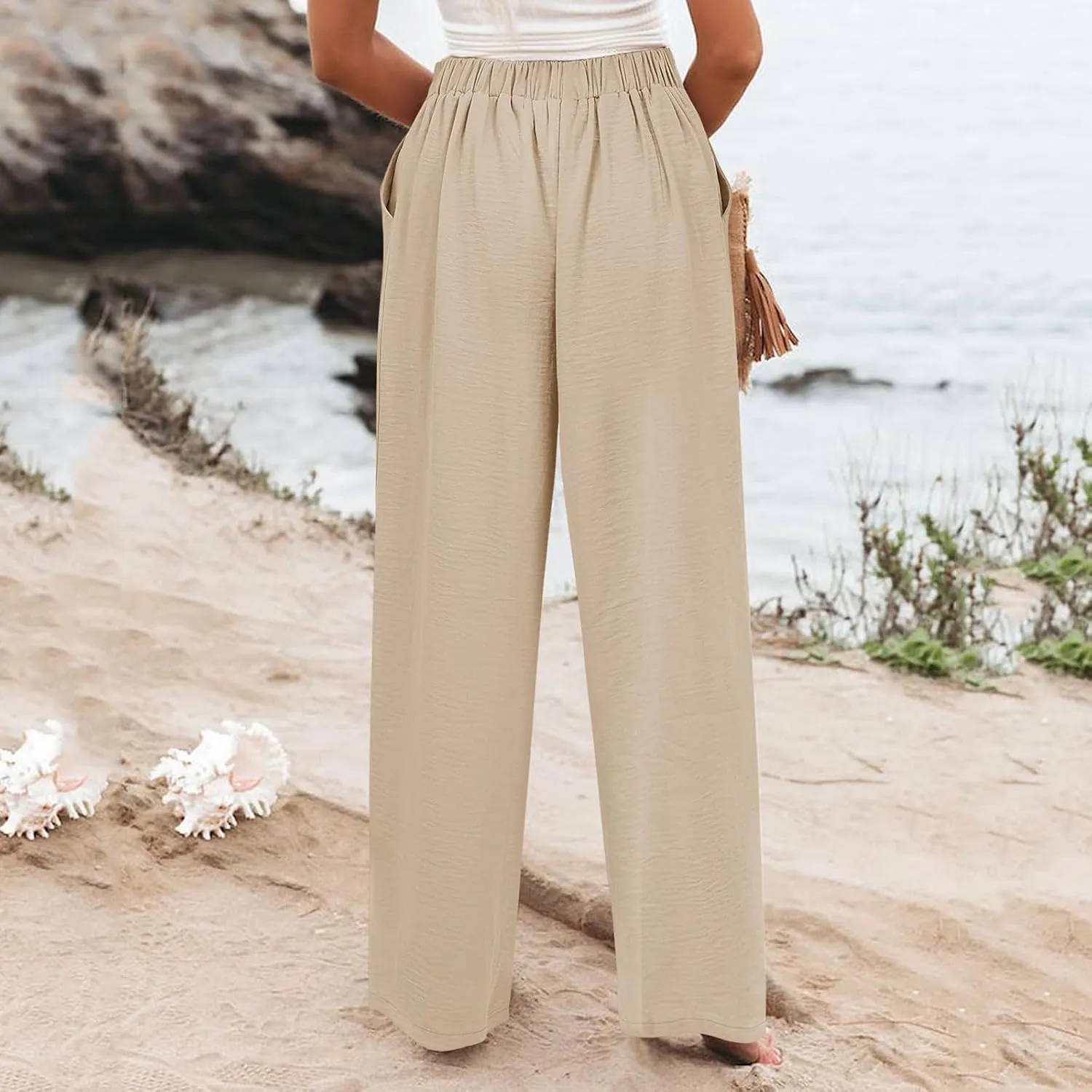 Womens Wide Leg Pants Dressy Casual Elastic High Waisted Palazzo Pants Lightweight Summer Cotton Linen Pants w/Pockets