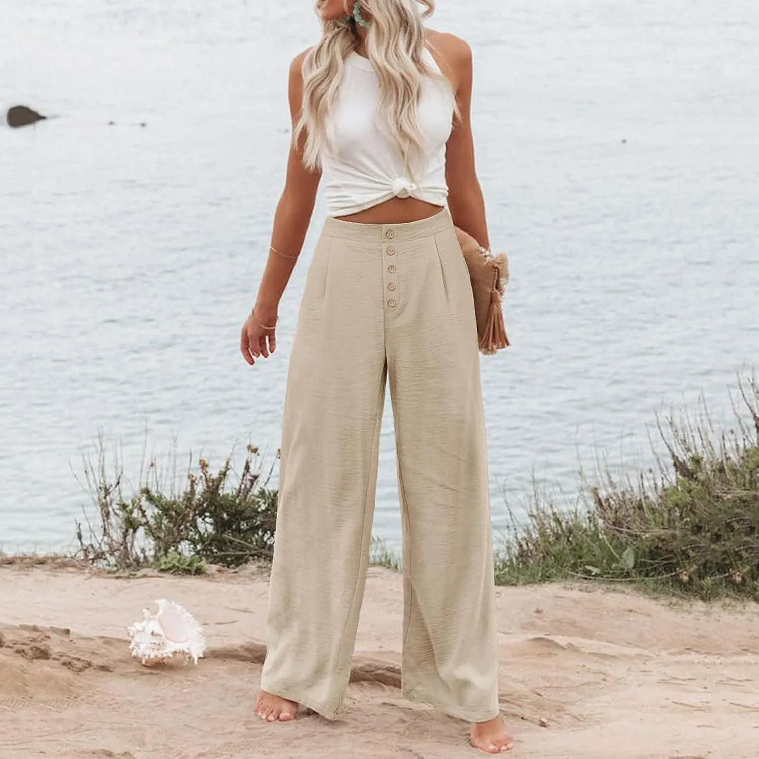 Womens Wide Leg Pants Dressy Casual Elastic High Waisted Palazzo Pants Lightweight Summer Cotton Linen Pants w/Pockets