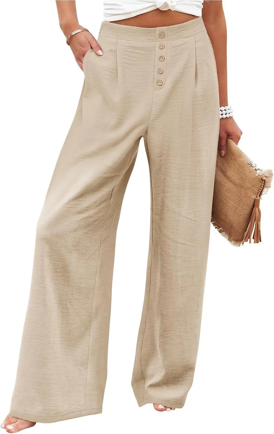 Womens Wide Leg Pants Dressy Casual Elastic High Waisted Palazzo Pants Lightweight Summer Cotton Linen Pants w/Pockets