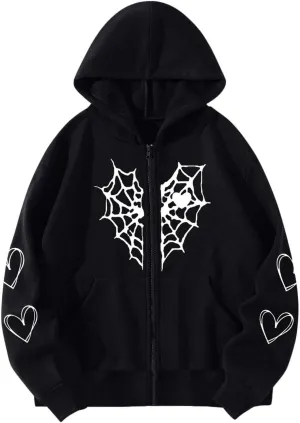 Y2K Hoodies for Women Full Zip Up Print Graphic Oversized Pockets Hooded Jacket 90s Long Sleeve Sweatshirt Cyber Casual Goth